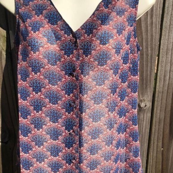 Cabi Blouse XS Top Fan Button Down Red Blue Tank Sleeveless 3620 Sheer Collar - Picture 7 of 11